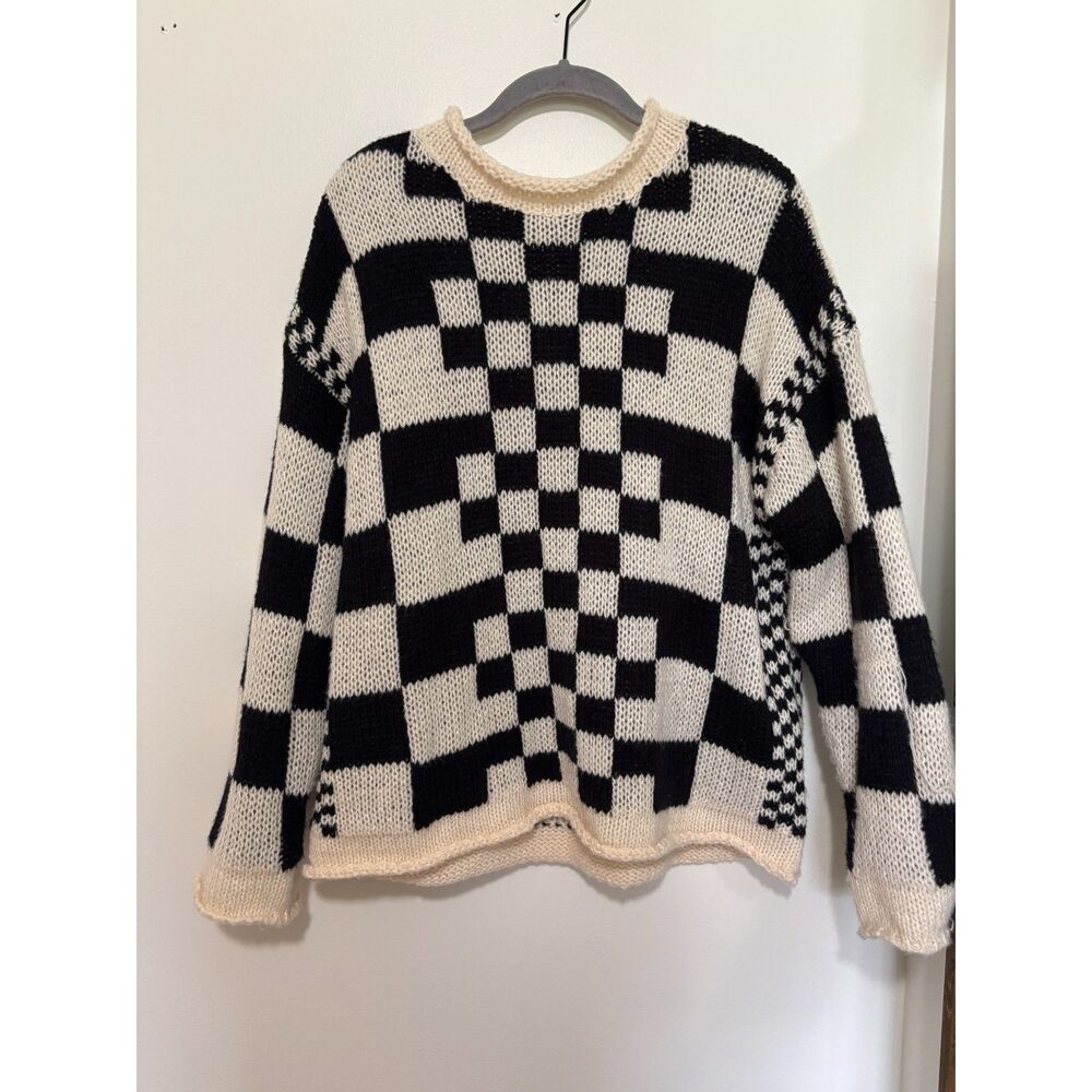 Bibi Checkered‎ Sweater Black Cream Checkerboard Chunky Knit Cozy S Streetwear